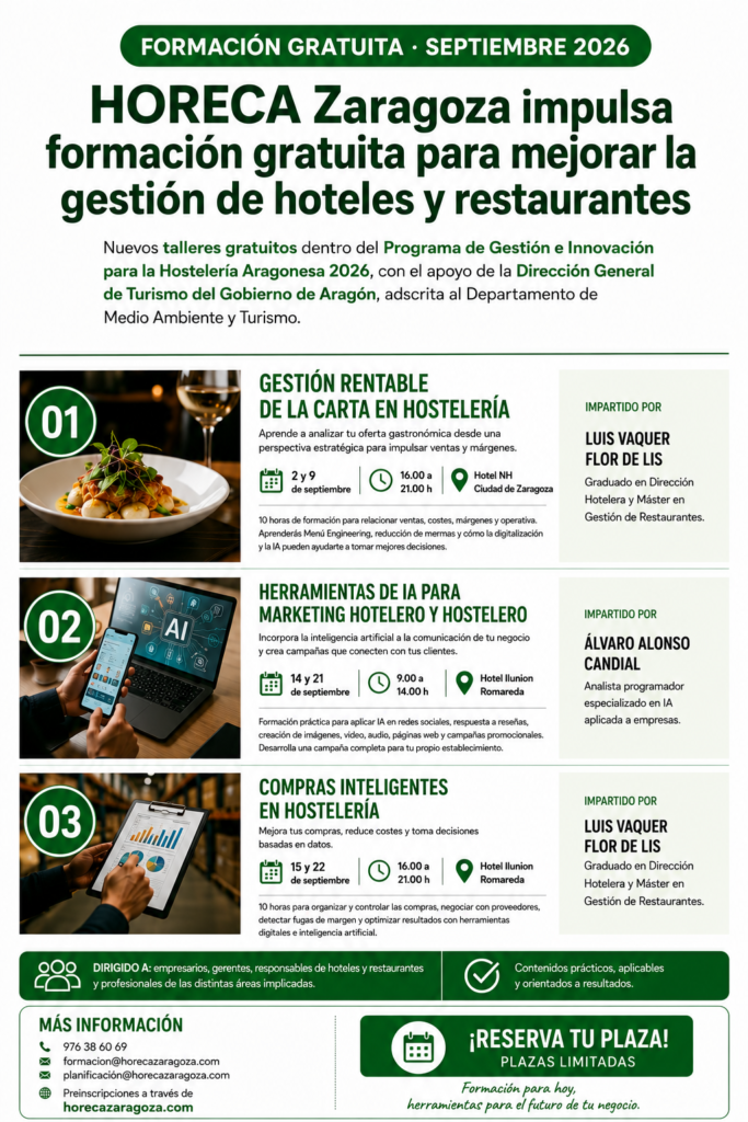 HORECA Zaragoza impulsa tres talleres gratuitos para mejorar la gestión de hoteles y restaurantes